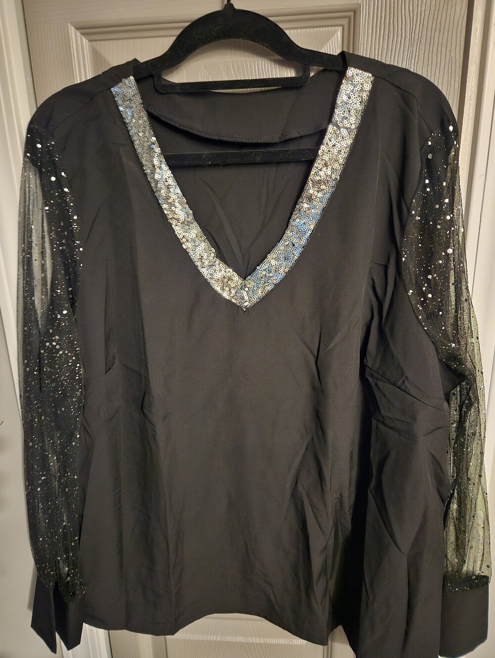 SALE ** BRAND NEW ** Black V-Neck Top with Sequin Trim and Sparkle Mesh Sleeves